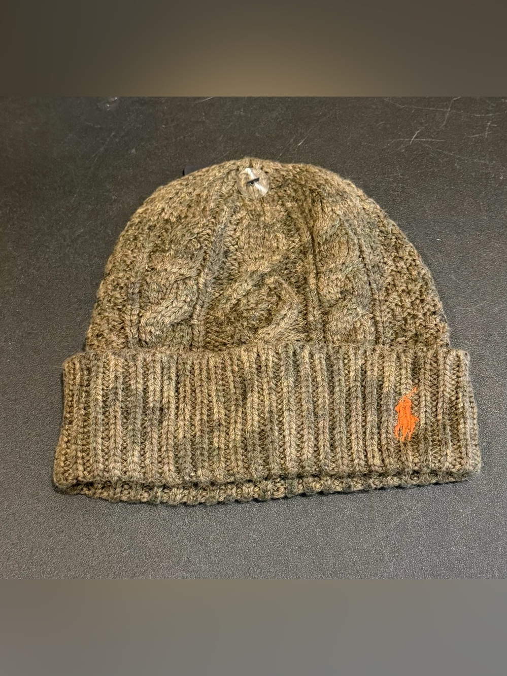 Polo Ralph Lauren Olive Camo Cable Knit Beanie w/ Orange Polo Logo